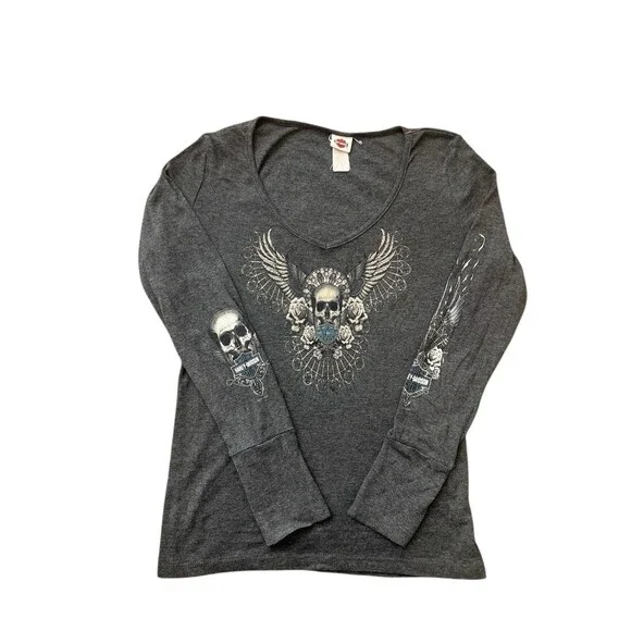 Harley Davidson Skull Wing Long Sleeve Top Womens Y2K Grunge Biker - Picture 1 of 9
